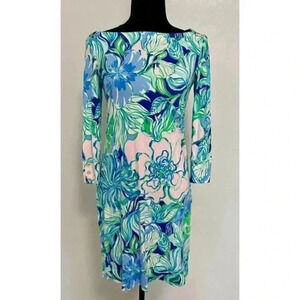 Lilly Pulitzer Sophie‎ Dress Party Thyme 3/4 Sleeve UPF 50+ Straight Fit X-Small